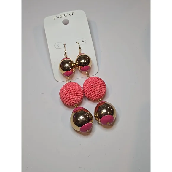Evereve Mixed Ball Dangle Statement Earrings Pink And Gold Tone New (137) - Picture 1 of 3
